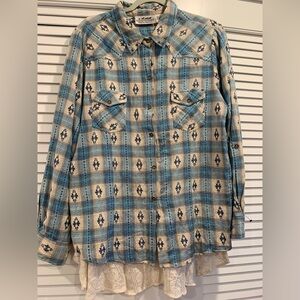 EUC Back in the‎ Saddle women’s western button down plaid and lace size Large